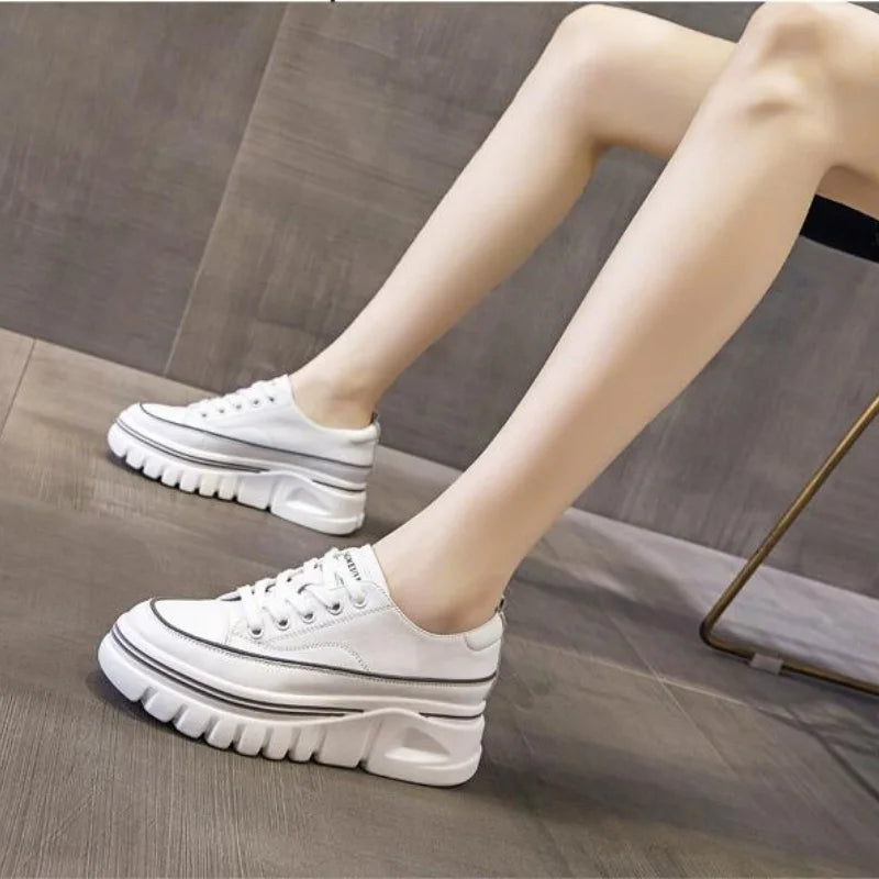 Damen Plateau Sneaker aus echtem Leder – 6,5 cm High Platform Chunky Sneakers für Frühling & Herbst