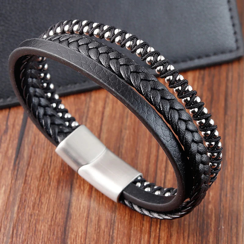 Geflochtenes schwarzes Herren Lederarmband – Punk Style Armband mit Edelstahl & Magnetverschluss, 21 cm