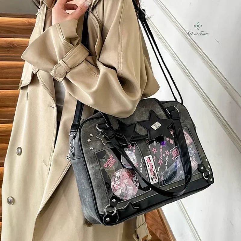 Y2K Star Ita Bag en cuir PU – Sac à bandoulière et pochette tendance avec pochette d'affichage transparente pour les designs DIY 