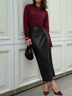 Damen PU Leder Midi Rock Bordeaux – Eleganter High-Waist Pencil Rock mit Schlitz, figurbetonter Slim Fit für Party & Sommer