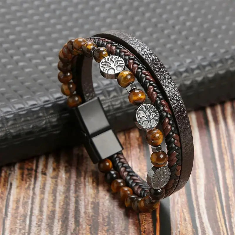Klassisches Herren Lederarmband – Handgeflochtenes Multi-Layer Armband mit Magnetverschluss im modernen Punk-Style