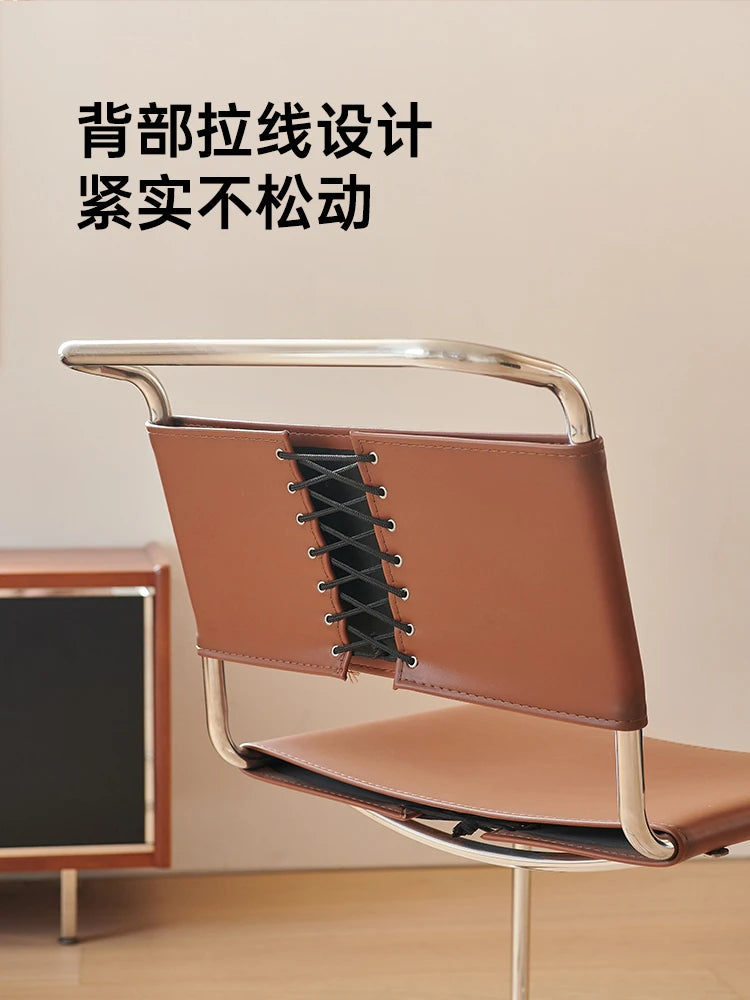 Freischwinger Stuhl aus Edelstahl &amp; Sattelleder – Silla cantilever moderna de la Bauhaus con brazos para Esszimmer &amp; Wohnzimmer