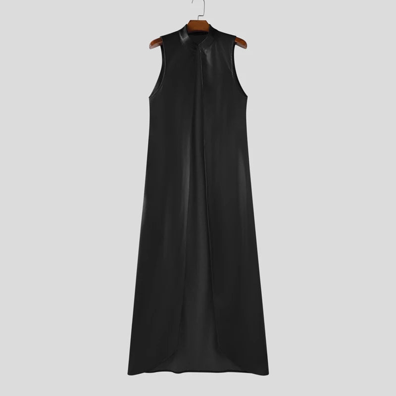 Herren Long Style PU Lederweste – Ärmellose Streetwear Weste mit Stehkragen & offenem Schnitt, modischer Cardigan-Look