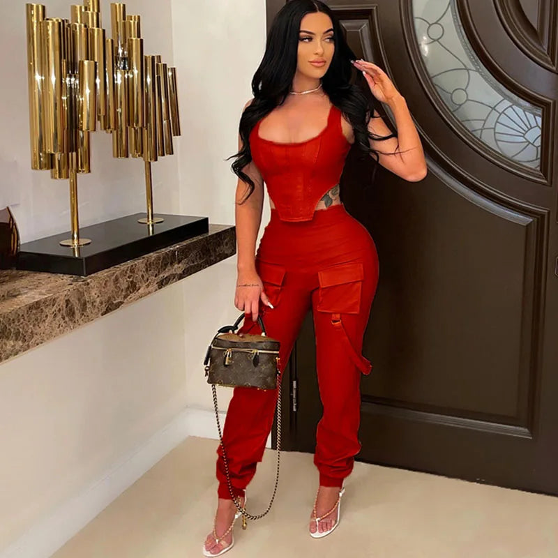 Sexy PU Leder 2-Teiliges Damen Set – Crop Top & High Waist Cargo Hose mit Taschen, figurbetontes Matching Outfit für Party & Club