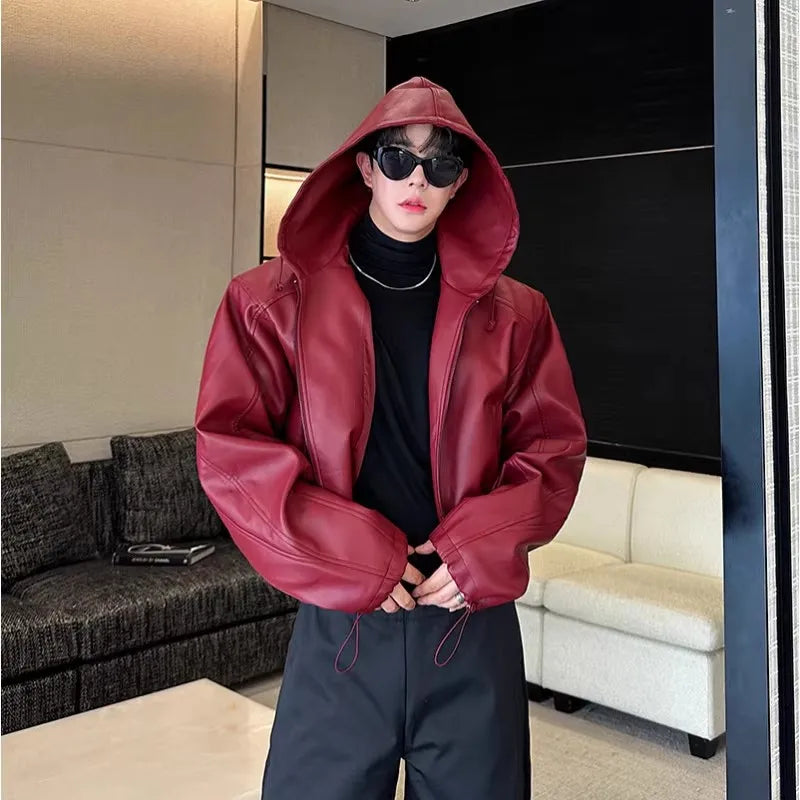 Herren PU-Lederjacke mit Kapuze – Kurze wasserdichte Oversized Jacke mit Reißverschluss, Korean Fashion Style für Frühling & Herbst