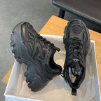 Damen Plateau Sneaker 2024 – Schwarze Chunky Sportschuhe aus PU-Leder & Mesh, Modische Plattform-Sneakers für Sommer & Freizeit