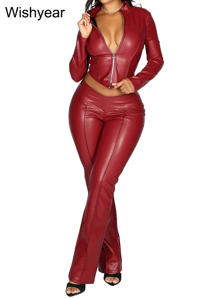 Damen Streetwear PU-Leder Set – Langärmeliges Crop Top mit Reißverschluss & High-Waist Schlaghose im Moto-Biker-Stil