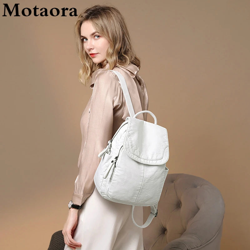 MOTAORA Damen Rucksack Weiß – Kleiner Washed PU Leder Rucksack für Schule, Alltag & Reisen
