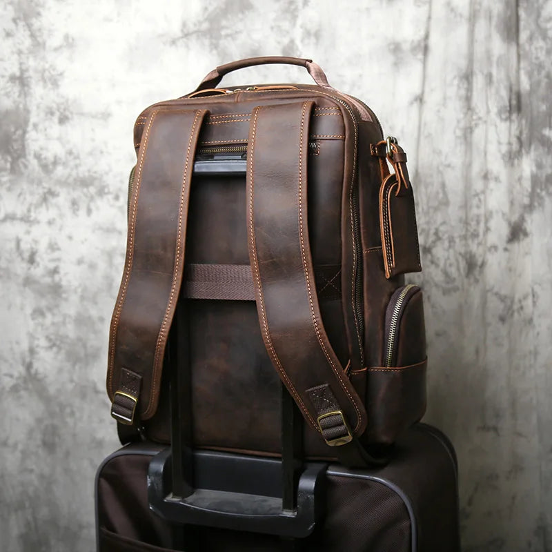 NZPJ Retro Herren Leder Rucksack aus echtem Rindsleder – Großer Vintage Laptop- & Reiserucksack aus Crazy Horse Leder