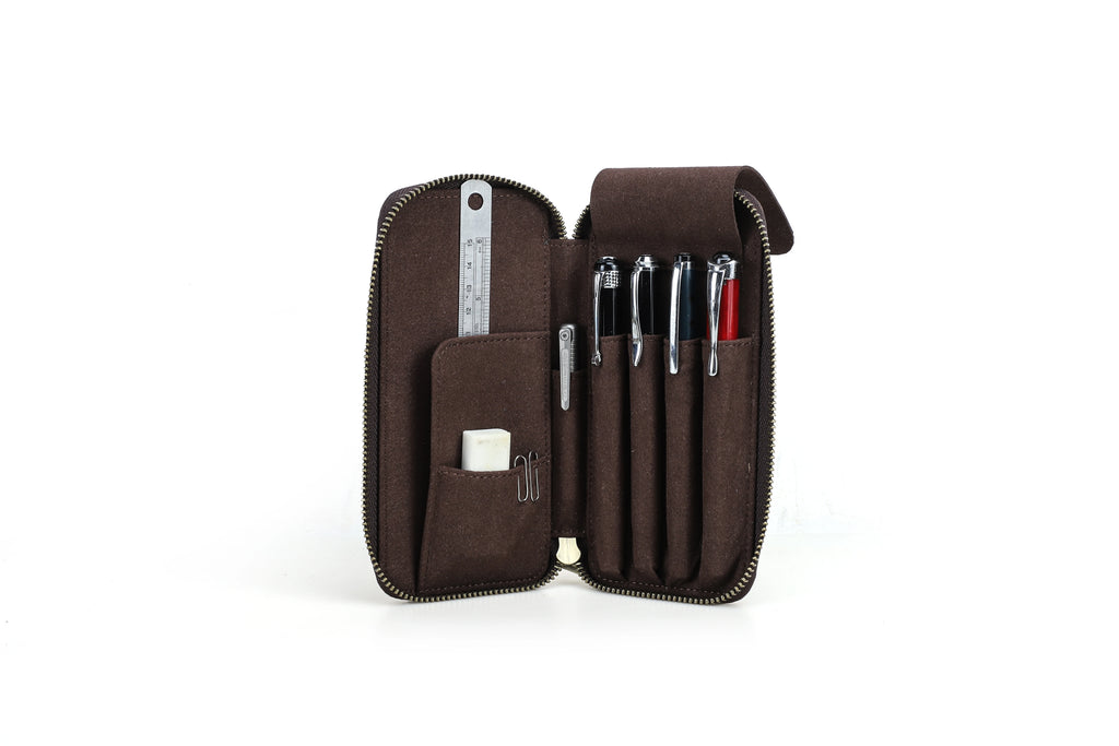 Handgefertigtes Leder Stifteetui mit 4 Fächern – Vintage Crazy Horse Pen Case mit Reißverschluss für Füllfederhalter & Büro