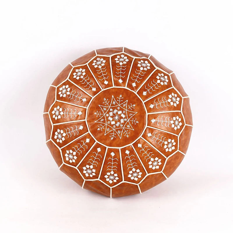 Marokkanischer PU Leder Pouf – Handgefertigter Ottoman & Fußhocker im mediterranen Stil, rund 50 cm, ungefüllt