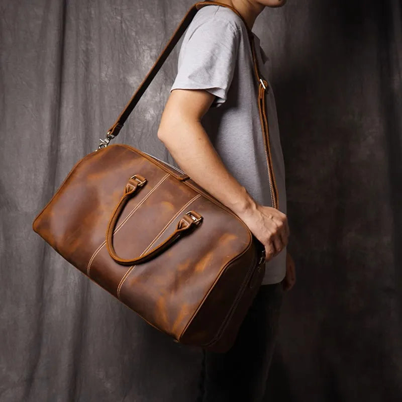 LEATHFOCUS Vintage Reisetasche aus echtem Rindsleder – Bolso grande de viaje y bandolera de cuero Crazy Horse, apto para portátil de 14 pulgadas 