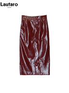 Lautaro Damen Midi Bleistiftrock aus glänzendem PU Leder – High-Waist Patent Lederrock, falda lápiz lujosa para oficina y hierbas/frutas