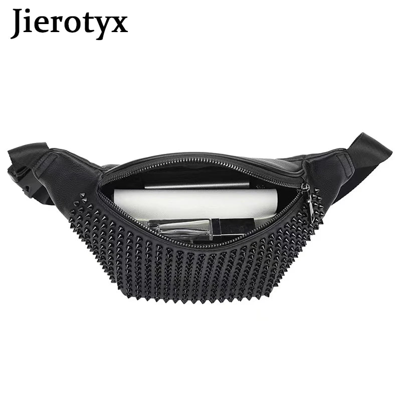 JIEROTYX Damen Gürteltasche – Vintage PU-Leder Fanny Pack mit Nieten, Hüft- & Chest Bag im Gothic Style