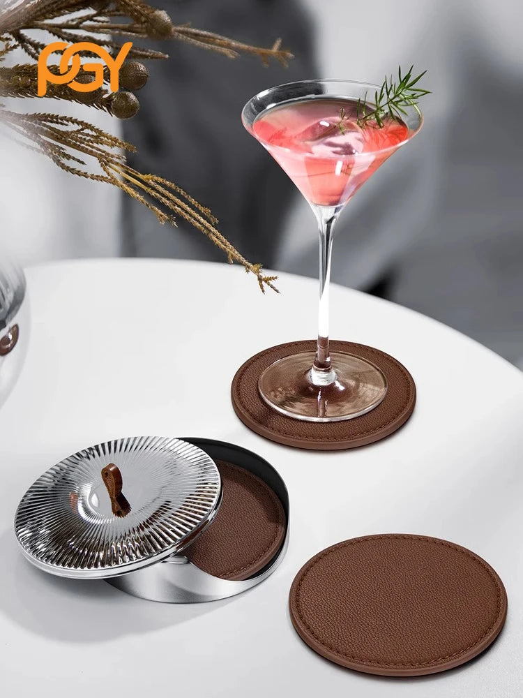 4er Set Luxus Leder Untersetzer mit Edelstahlbox – Premium Getränkeuntersetzer für Wohnraum, Bar & Büro