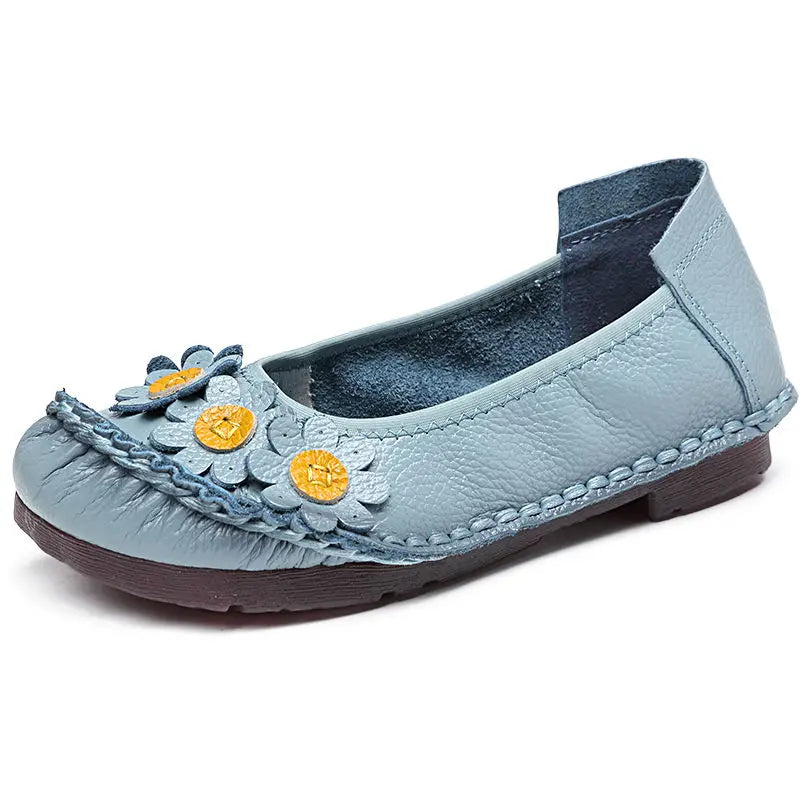 feerldi Damen Vintage Leder Flats WB-56 – Handgefertigte Blumen-Moccasins, Slip-On Ballerinas für Alltag und Freizeit, Lila Loafers in Größe 42