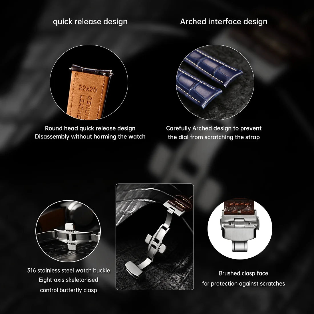 MAIKES Luxus Leder Uhrenarmband mit Quick Release – 20 mm / 21 mm / 22 mm Premium Armband mit Butterfly-Schließe für elegante Armbanduhren