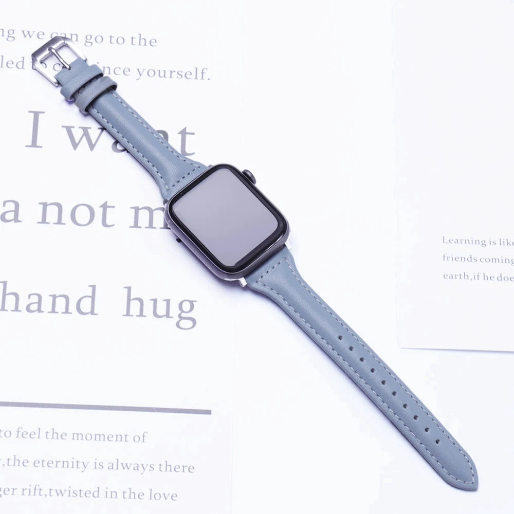 Schmales Lederarmband für Apple Watch – Elegantes Slim Leather Strap für Damen 38–45 mm & Ultra 49 mm mit Metallschließe