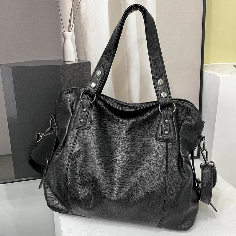 Damen Retro Schultertasche en PU-Leder – Gros noir Commuter Tote Bag, classique et luxueux, aussi comme sac à bandoulière