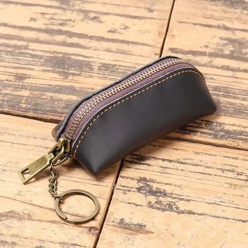 Genuine Leather Damen Münzbörse - Cartera de mano con cremallera vintage aus Rindsleder mit Kartenfach &amp; Schlüsselhalter 