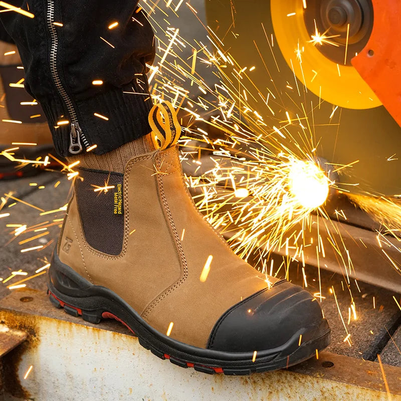 MJYTHF Herren Arbeitsschuhe 2024 – Echtleder Sicherheitsstiefel mit Stahlkappe, Anti-Pierce, Anti-Hitzeschutz, Chelsea Boots für Männer