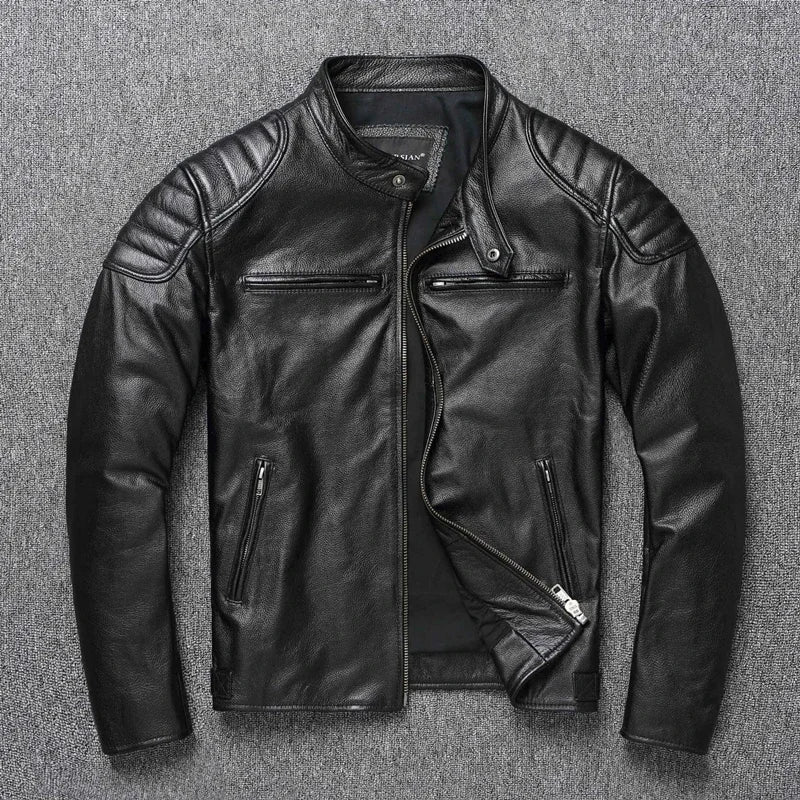Herren Lederjacke aus 100 % Rindsleder – Biker Motorradjacke mit Stehkragen, Cashmere-Futter & Reißverschluss, Herbst & Winter (Plus Size)