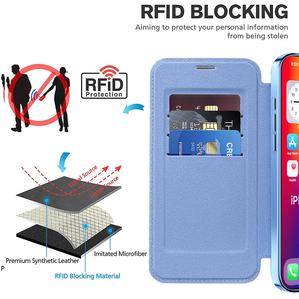 Luxus Transparentes Flip Leder Wallet Case mit MagSafe – Magnetische iPhone Hülle mit Kartenfach & Standfunktion für iPhone 11 bis 17 Pro Max