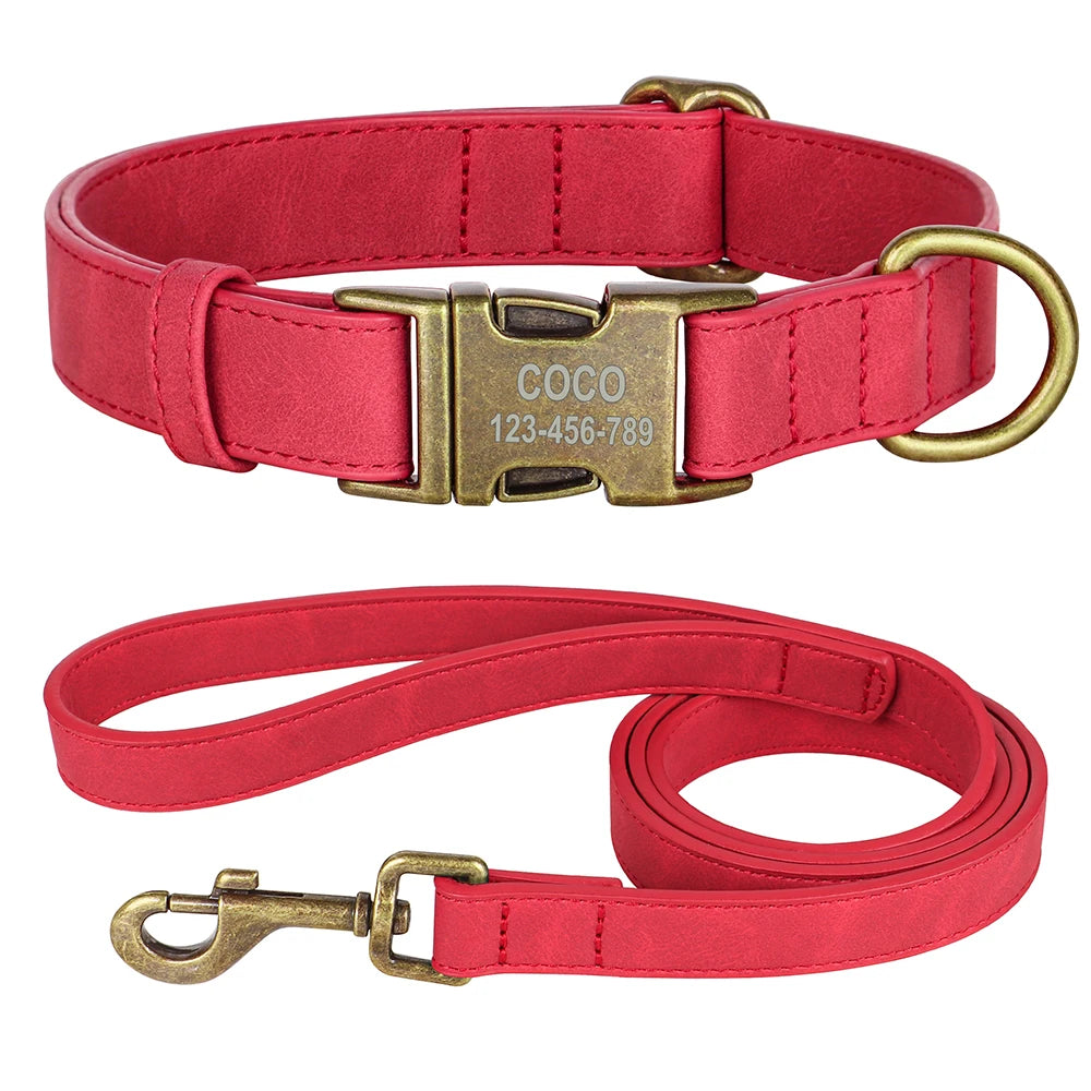 Personalisiertes Hunde-Halsband & Leinen-Set aus PU-Leder – Gepolstertes ID-Halsband mit gravierter Schnalle für kleine, mittlere & große Hunde