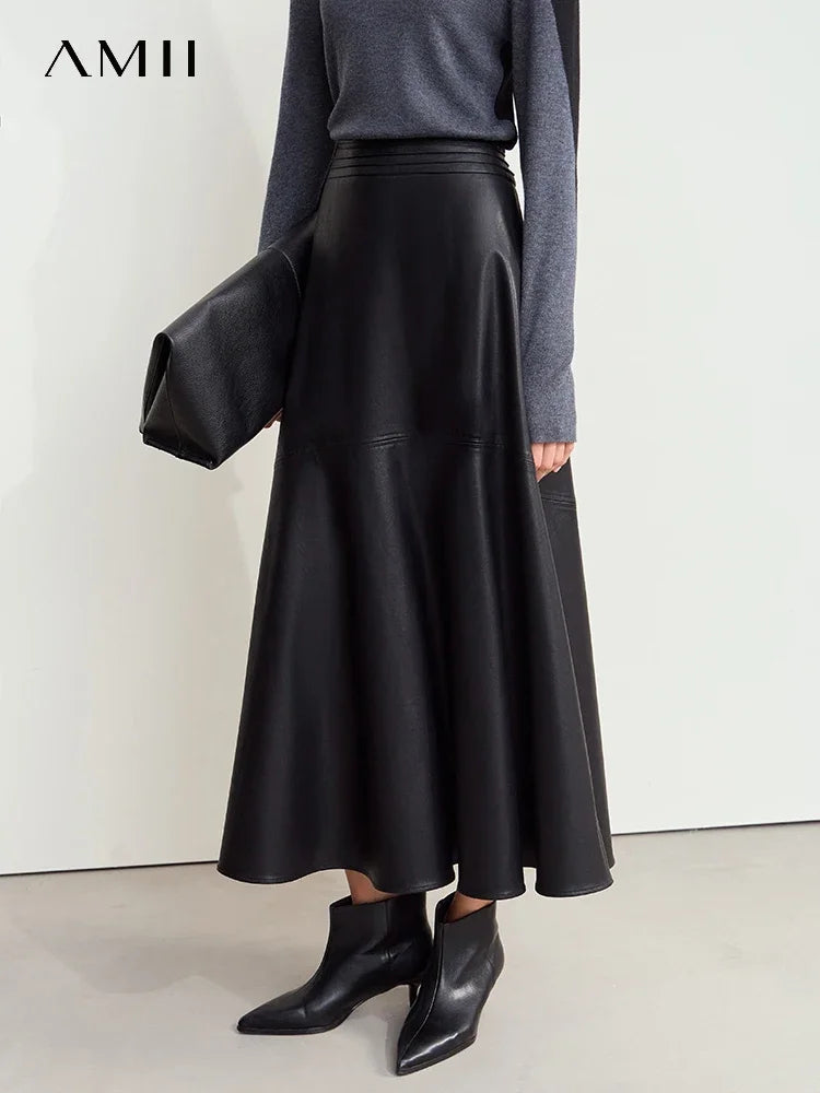 Damen PU Leder Midirock in A-Linie – Eleganter, minimalistischer Winterrock mit lockerer Passform, stilvoller Office- & Commuter-Rock