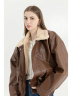 Veste d'hiver en cuir pour femme avec laine optique – Veste de moto chaude en PU avec revers, style motard vintage 