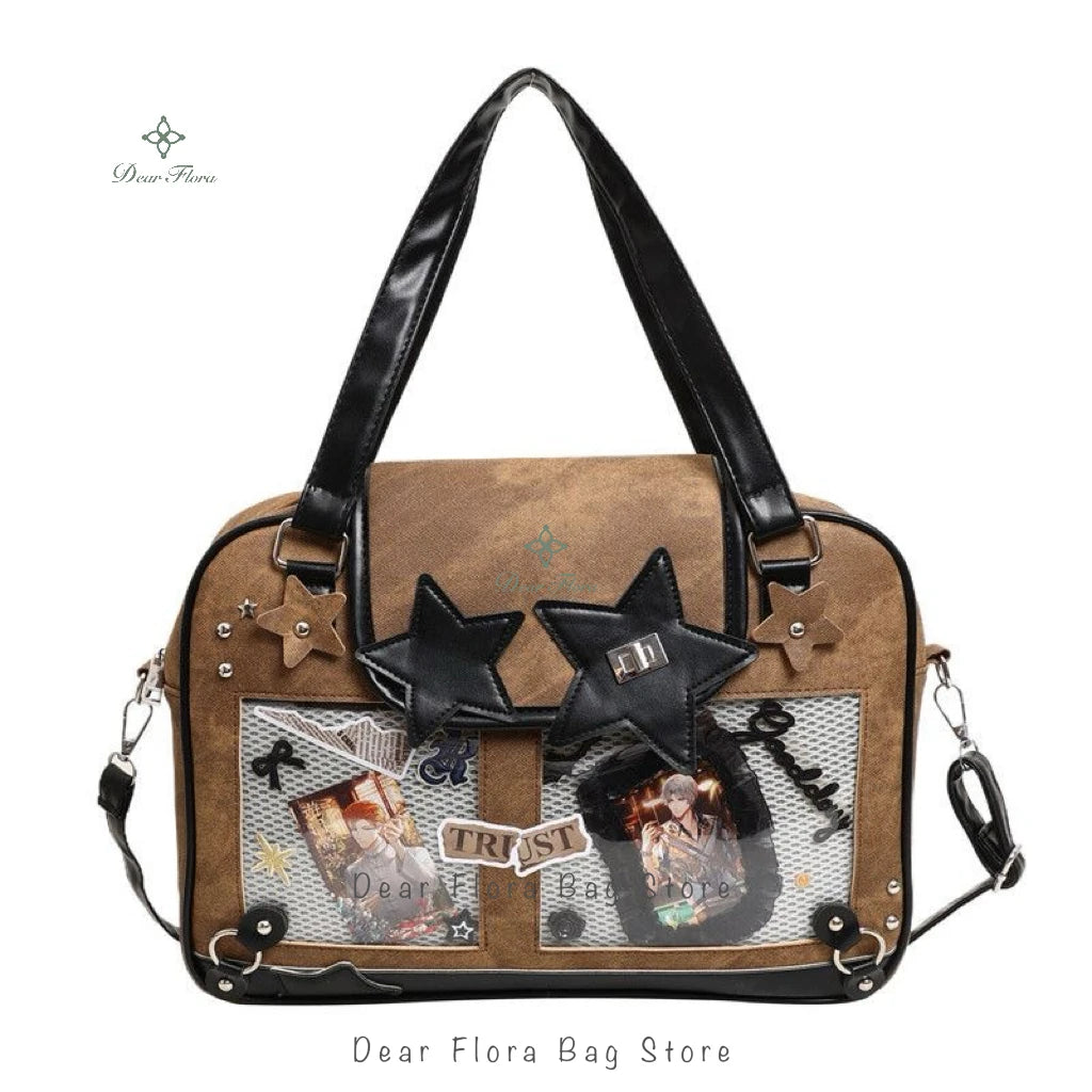 Y2K Star Ita Bag en cuir PU – Sac à bandoulière et pochette tendance avec pochette d'affichage transparente pour les designs DIY 