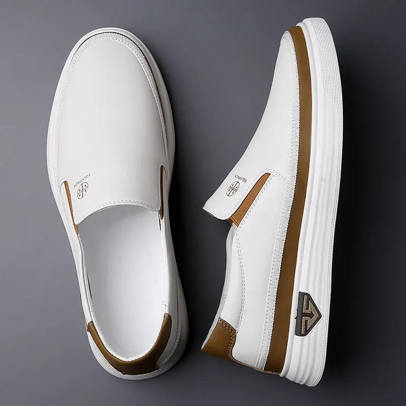 OLOMM Herren Ledersneaker 2025 – Slip-On Casual Schuhe, weiße Alltagssneaker, weich, komfortabel, Frühling/Sommer