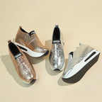 Damen Sneaker Silber mit Plateau – Slip-On Loafer aus PU-Leder mit Keilabsatz & dicker Sohle für Frühling & Herbst