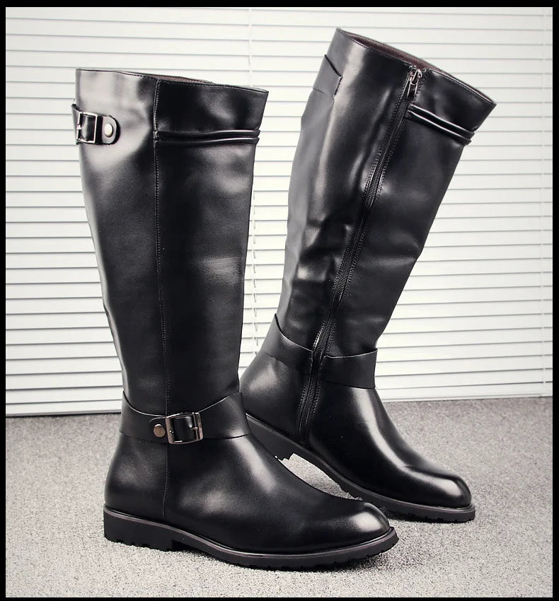 OLOMM Herren British Style Kniehohe Boots – Handgefertigte Motorrad- & Cosplay-Stiefel aus Leder, Zip-Design, Komfortable Stage & Freizeit Schuhe