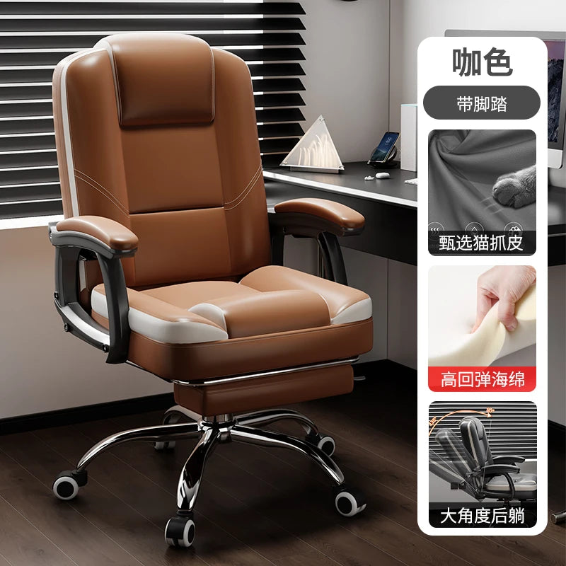 Ergonomischer Bürostuhl aus Leder mit Fußstütze – Drehbarer Office Chair mit Rückenstütze, Rollen & Liegefunktion für Büro & Homeoffice