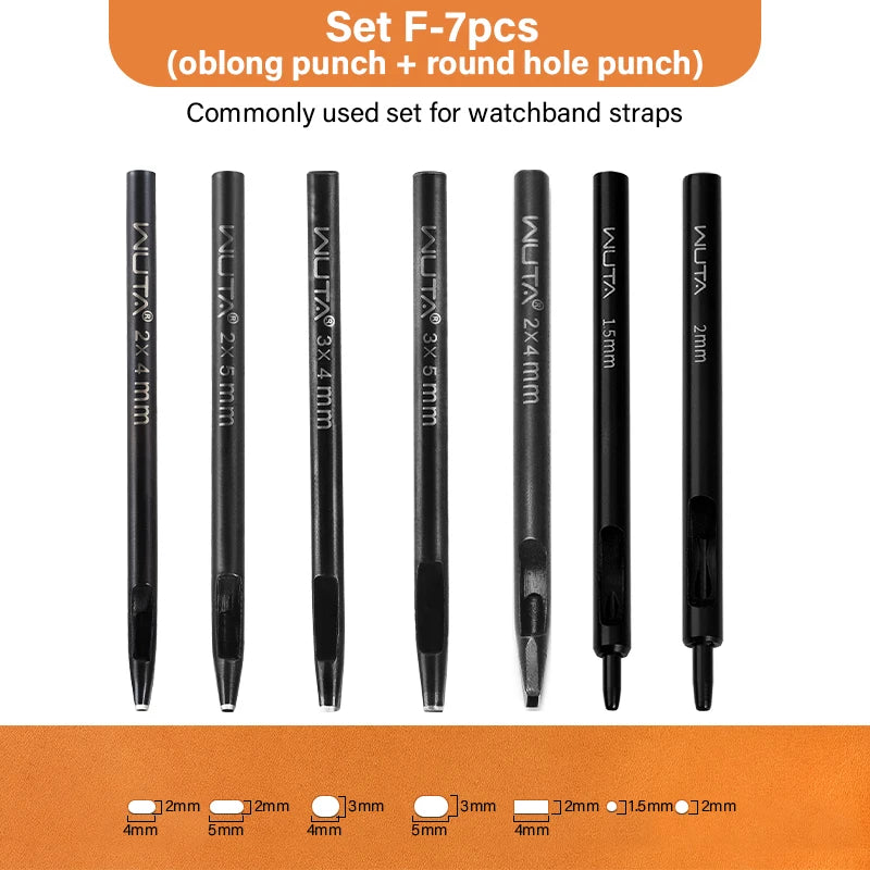 WUTA Basic Series Langloch Lederstanzer Set (3–7 tlg.) – Ovale Lochpfeifen aus Carbonstahl für Gürtel, Uhrenarmbänder & Lederarbeiten