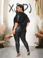 Damen Sommer PU-Leder 2-Teiler Set – Kurzarm Blusen-Top & Stretch Leggings in Schwarz, Plus Size Outfit für Alltag & Freizeit