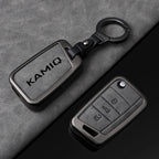 Premium Autoschlüssel Hülle aus Metall &amp; Leder für Skoda Kamiq - Faltbares Keyless Key Case Cover mit Schlüsselanhänger