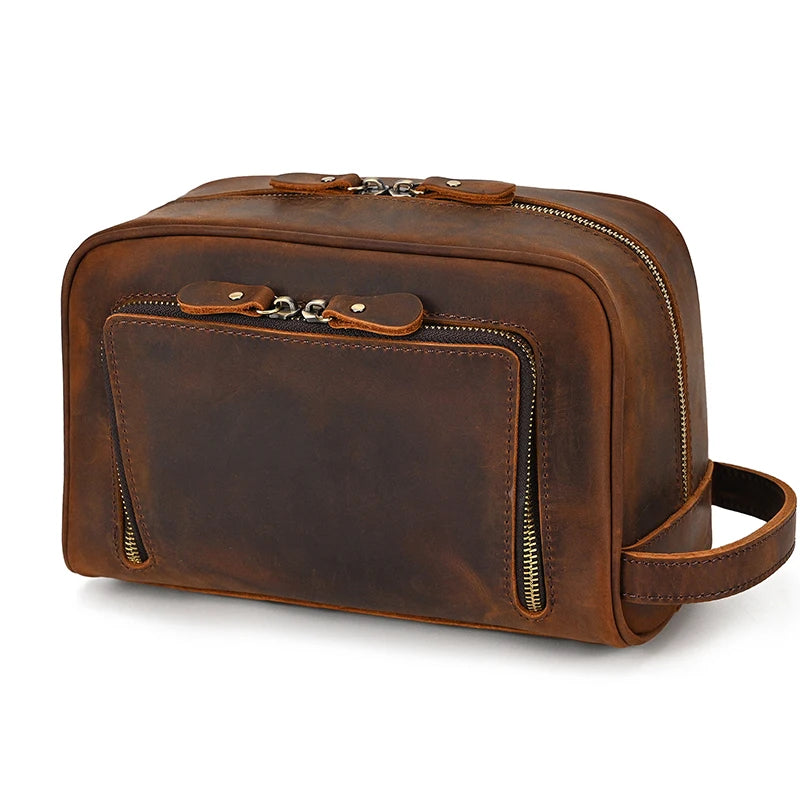 Hochwertige Kleine Reise-Kosmetiktasche aus Crazy Horse Leder – Vintage Leder Wash- &amp; Make-up Bag para hombres 