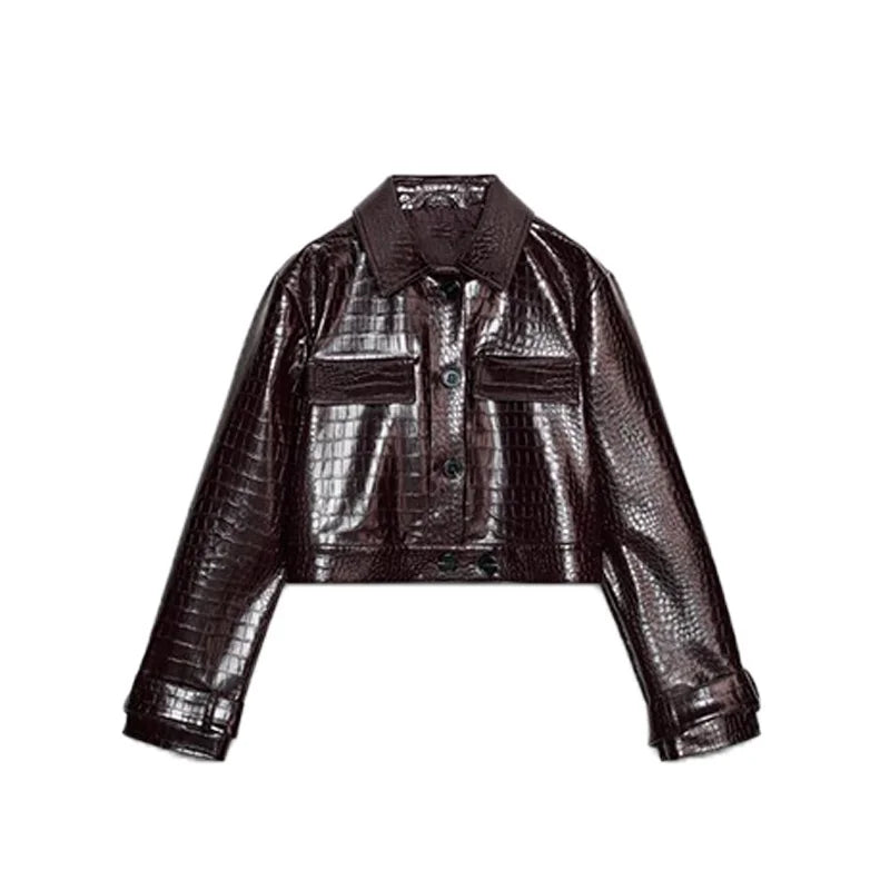 HIGH STREET Damen Leder Zweiteiler 2025 – Cropped Jacke mit Revers & Taschen, gerade Hose, moderner Herbstanzug