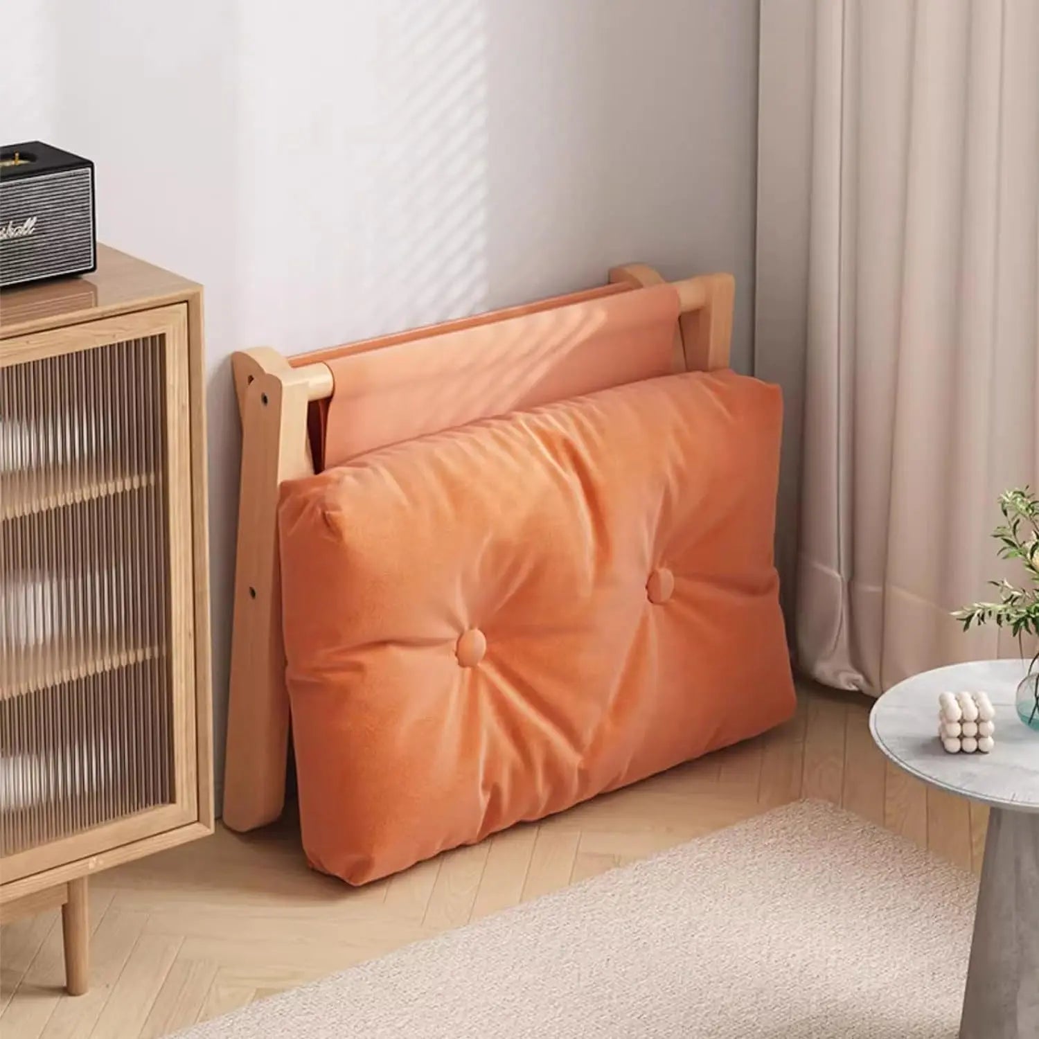 Klappbarer Fußhocker aus Buchenholz – Kleiner Sofa- & Schreibtisch-Hocker mit Stoffpolster, tragbarer niedriger Holzstuhl für Wohnzimmer & Büro