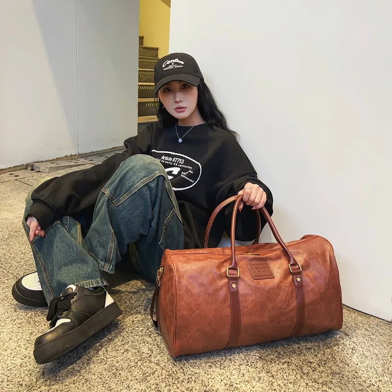 OLN Unisex Fitness- & Reisetasche – PU-Leder Duffle Bag mit Schuhfach, Vintage Gym Bag für Sport, Reise & Freizeit