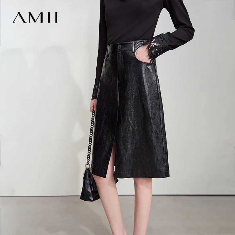 AMII Damen PU Leder Rock – Minimalistischer Knie­langer Business-Rock im American Retro Stil, eleganter Office-Rock Herbst/Winter 2025