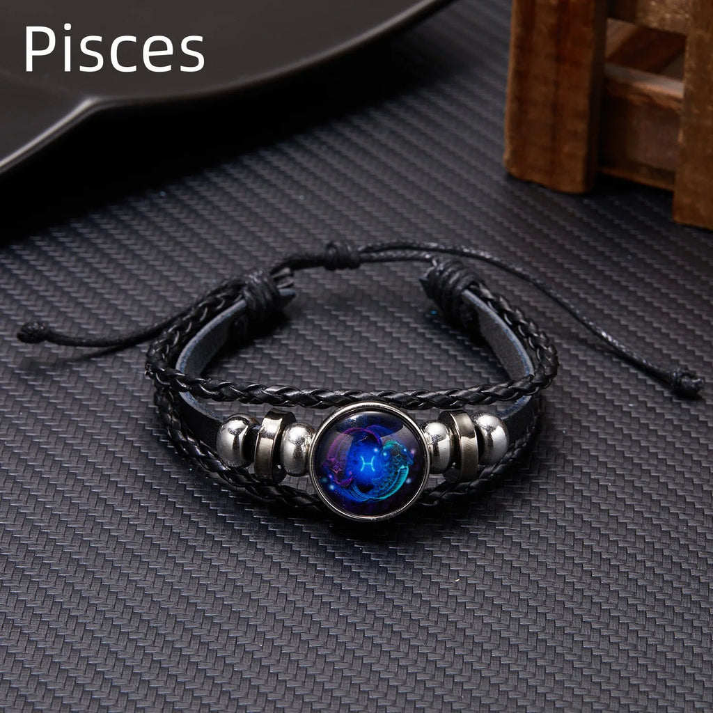 Leuchtendes Sternzeichen Lederarmband – Multilayer Wickelarmband mit Tierkreis-Charm für Damen & Herren, ideales Geschenk