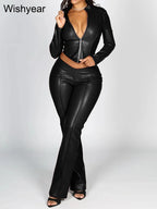 Damen Streetwear PU-Leder Set – Langärmeliges Crop Top mit Reißverschluss & High-Waist Schlaghose im Moto-Biker-Stil