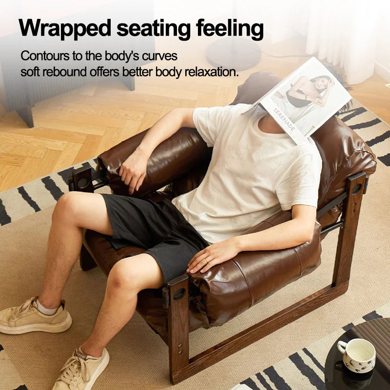 Retro Holz-Relaxsessel aus Leder – Bequemer Accent Chair mit Massivholzrahmen, sillón lounge más moderno para Wohnzimmer, Schlafzimmer &amp; Arbeitszimmer