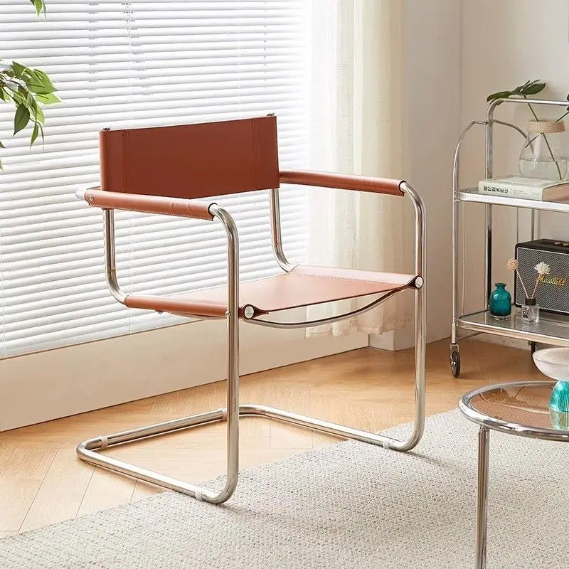 Vintage Bauhaus Armlehnstuhl aus Edelstahl & Sattelleder – Eleganter Dining Chair für stilvolle Herren & moderne Wohnräume
