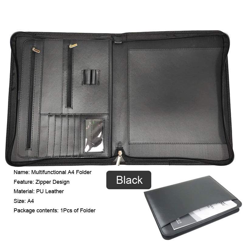 Große Leder A4 Business Portfolio Mappe mit Reißverschluss – Schwarzer Executive Dokumenten- &amp; Schreiborganizer