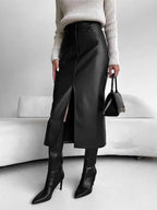 Damen PU Leder Midirock Schwarz – High Waist Rock mit Frontschlitz, eleganter Office- & Alltagsrock in Lederoptik für Herbst