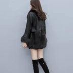 Damen PU Leder Mantel mit Kunstfell – Eleganter Mid-Length Wintermantel 2024, Warm gefütterte Lederjacke für Herbst & Winter